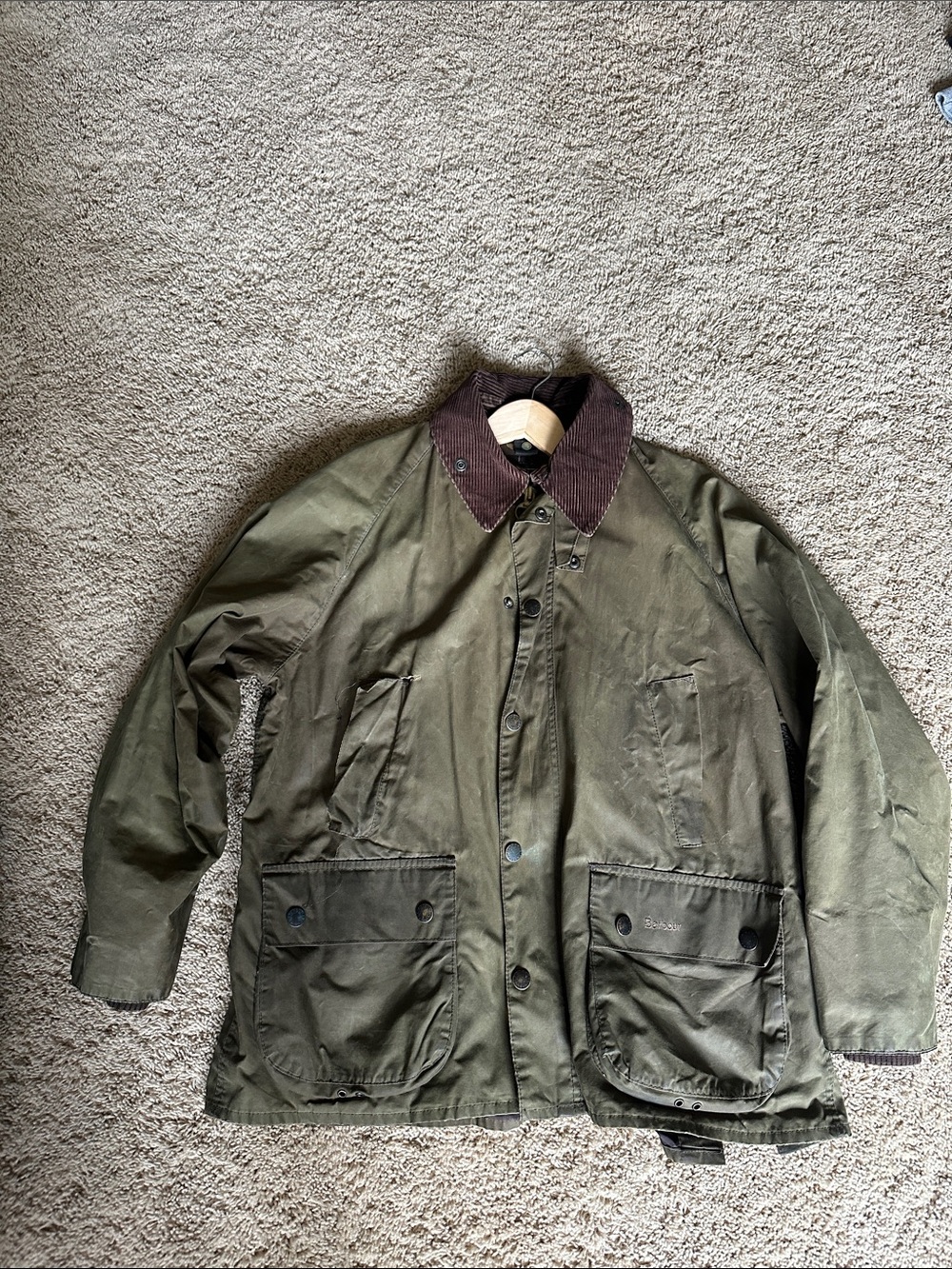 Barbour Olive Green Waxed Field Jacket with Brown Corduroy Collar